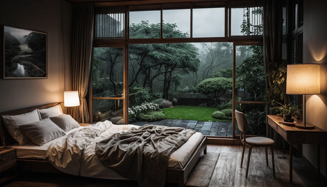 The picture shows a cozy gloomy bedroom, with a large window offering a view of a beautiful, dimly lit garden AND a garden soaked in FLOWERS, the cobblestones of the Japanese house concept. CINEMATIC, JAPANESE HOUSE, the shape of a Japanese house, and lots of flower gardens in the garden. The bed was unmade with rumpled sheets, indicating only a light sleep. the room is dark, gloomy, looks dim, gloomy. Beside the bed there is a small table with a classic lamp that radiates warm light into the room. Outside the window you can see the lush greenery of the terrace or balcony area, the rain is falling, the lamp on the left provides warm lighting, creating a calm and peaceful atmosphere. with fog obscuring part of the view in the distance. The contrast between the warmth indoors and the rain outdoors creates an inviting and calming atmosphere