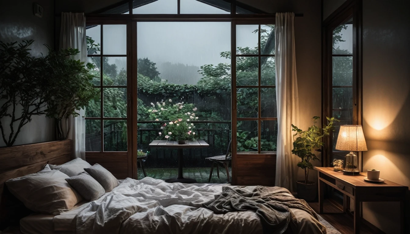 The picture shows a cozy gloomy bedroom, with a large window offering a view of a beautiful, dimly lit garden AND a garden soaked in FLOWERS, the cobblestones of the Japanese house concept. CINEMATIC, JAPANESE HOUSE, the shape of a Japanese house, and lots of flower gardens in the garden. The bed was unmade with rumpled sheets, indicating only a light sleep. the room is dark, gloomy, looks dim, gloomy. Beside the bed there is a small table with a classic lamp that radiates warm light into the room. Outside the window you can see the lush greenery of the terrace or balcony area, the rain is falling, the lamp on the left provides warm lighting, creating a calm and peaceful atmosphere. with fog obscuring part of the view in the distance. The contrast between the warmth indoors and the rain outdoors creates an inviting and calming atmosphere