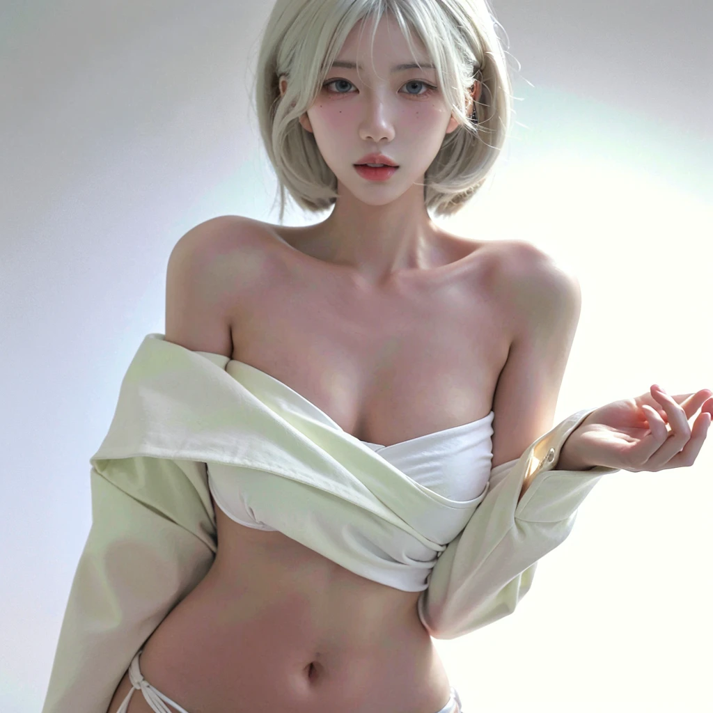 Beautiful woman with a perfect figure:1.4，Ultra high resolution，white background，（realistic：1.4），Layered hairstyle，white skin，bikini:1.5，whole body，Face and very sensitive skin，Double eyelids，white skinใส，short hair，white hair,naked