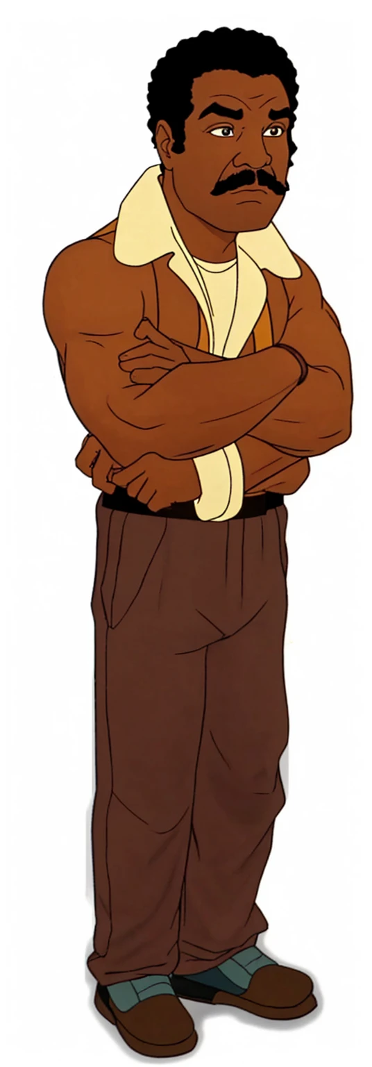 has short, tightly curled hair styled in a rounded shape on top of his head. Looks like Apollo creed from rocky 