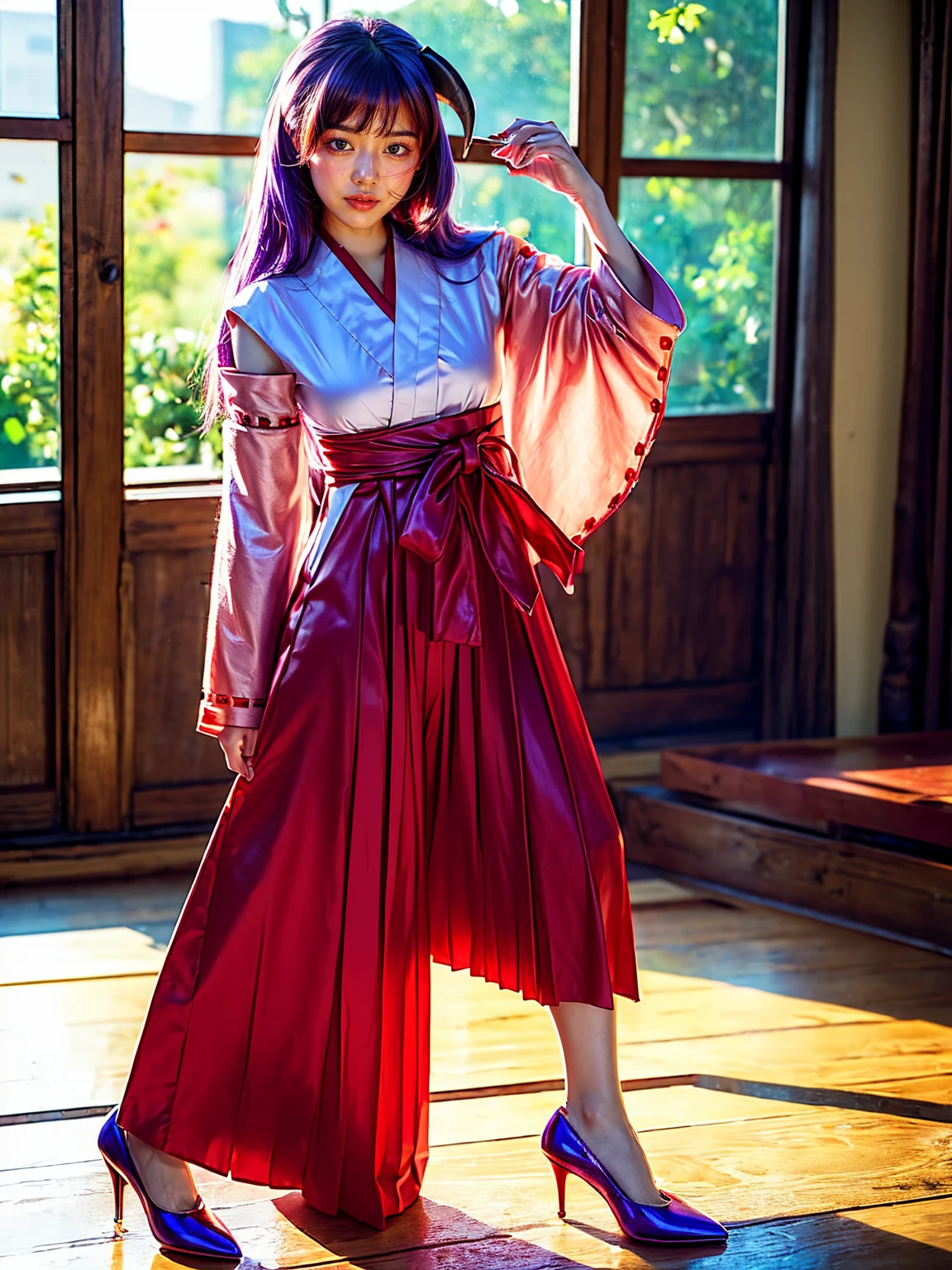 (1 lady), (Best quality at best:1.4), (ultra - detailed), (extremely detailed CG unified 16k), A Beautiful Girl: 1.4, Sharp Focus: 1.2, very detailed, High-definition RAW color photo, professional photoshooting, amazing face and eyes, (amazingly beautiful girl), ((Hanyuu, girl)), ((japanese clothes, miko, detached sleeves, hakama, hakama skirt, skirt, red hakama, ribbon-trimmed sleeves)), standing, (Dark and stylish inside temple), (look from down), realistic cinematic face, head to feet long wide zoomed out view, full body long view, photorealistic, ((realistic natural purple hair style, horns, long hair, purple eyes, blush)), extremely beautiful face, perfect beauty, pout mouth, Highly Detailed Face and Skin Texture, Detailed Eyes, Double Eyelids, Small Breasts, cleavages, western, (masterpiece), best quality, high resolution, extremely detailed, blurred background, depth of field, cinematic lighting, amazing legs, high heels, clear and well-cared skin, drinking red wine