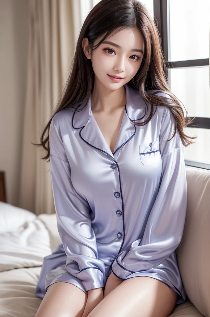 (Highest quality、4K、masterpiece:1.3)、Beauty、1 female、(chest、Attractive body:1.2)、abdomen:1.1、Dark Brown Hair:1.1、(whole body:1.2)、Ultra-detailed face、Detailed lips、Detailed eyes、double eyelid、Ultra realistic and detailed woman sitting on a white double bed by the window and doing good morning pose、Wearing ultra-realistic and detailed silk pajamas、Japanese women、20th Generation(21 years old)、Smiling with a nice smile、Beautiful breasts、