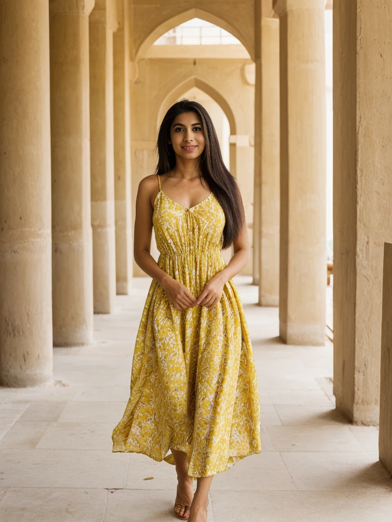 Rania, 1girl, solo, ((Egyptian woman)), consistent face and body, ((MILF)), ((30 years old)), (mature), ((slim)), ((Egyptian face)), (Egyptian nose), (Egyptian lips), ((long straight hair)), upper body and upper legs, (background: Burj Al Arab), BREAK, (wearing yellow printed pring dress), smirking, teasing