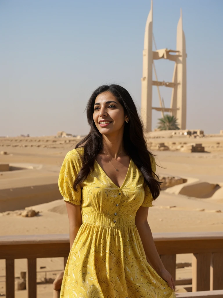 Rania, 1girl, solo, ((Egyptian woman)), consistent face and body, ((MILF)), ((30 years old)), (mature), ((slim)), ((Egyptian face)), (Egyptian nose), (Egyptian lips), ((long straight hair)), upper body and upper legs, (background: Burj Al Arab), BREAK, (wearing yellow printed pring dress), smirking, teasing