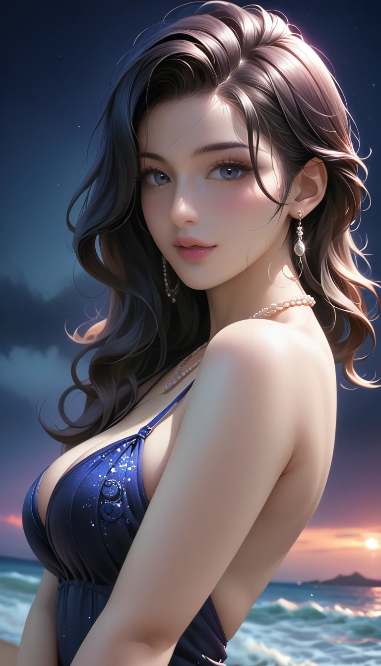 score_9, score_8_superior, score_7_superior, Masterpieces with up to 16K resolution,Highest quality,it is really amazing,Very detailed,Ultra-high resolution,Real,Realistic,Increased depth of field,Cinematic lighting,
sexy japanese milf,
Long black hair,(Ultra-detailed and beautiful faces:1.4),Translucent white skin,Very detailedな肌,
(Elegant resort dresses:1.2),
Artistic design,Beautiful and detailed pattern,Detailed fabric texture,
Gorgeous necklace,Earrings,
(A pitch black night sky with dark clouds:1.4),The coast before the storm,
delay々Continuing sandy beach,
(Side Angle:1.3),