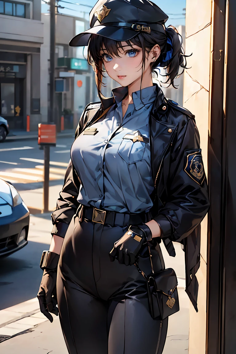 ((masterpiece), ((Highest quality)), (masterpiece,Highest quality,Official Art,Highly detailed CG Unity 8k wallpaper)、"A female police officer from the near future wears a highly functional uniform.。Wearing a dark blue or black tight-fitting jacket、Reflective lines and metallic accents、Built-in protective padding on shoulders and elbows。Badge and ID holder on left chest。Underneath, he wears a moisture-wicking grey or blue shirt.、Contrasting stripes on collar and cuffs。The pants are tight-fitting straight pants made from the same high-performance material as the jacket.、Built-in protective pads on knees and thighs。Wearing a sturdy black belt、Multiple pouches and holsters are attached.、Stores power tools and communication equipment。On her feet, she wears mid-cut black boots that provide good ankle support.。The cap also matches the uniform.、Reflective lines and metallic badges。As an accessory、Impact resistant gloves、Bulletproof glass goggles with night vision function、It also comes with a headset with an integrated earpiece and microphone.。"