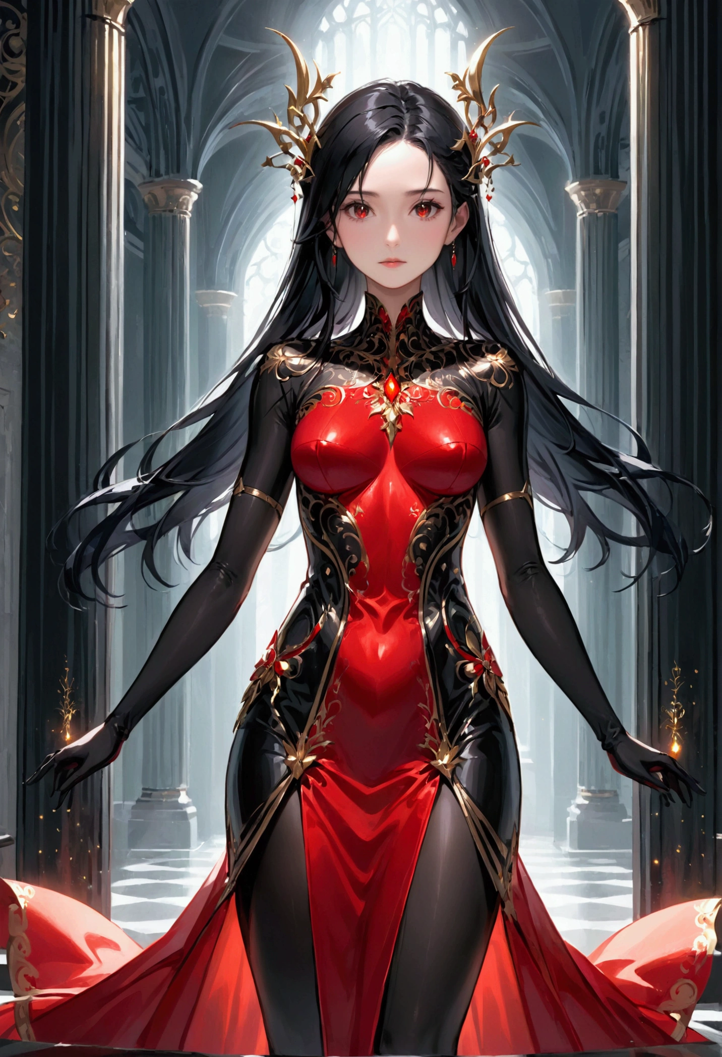 Girl with darkest black hair, darkest black eyes,tall rectangular body figure, mature, red elagant dress