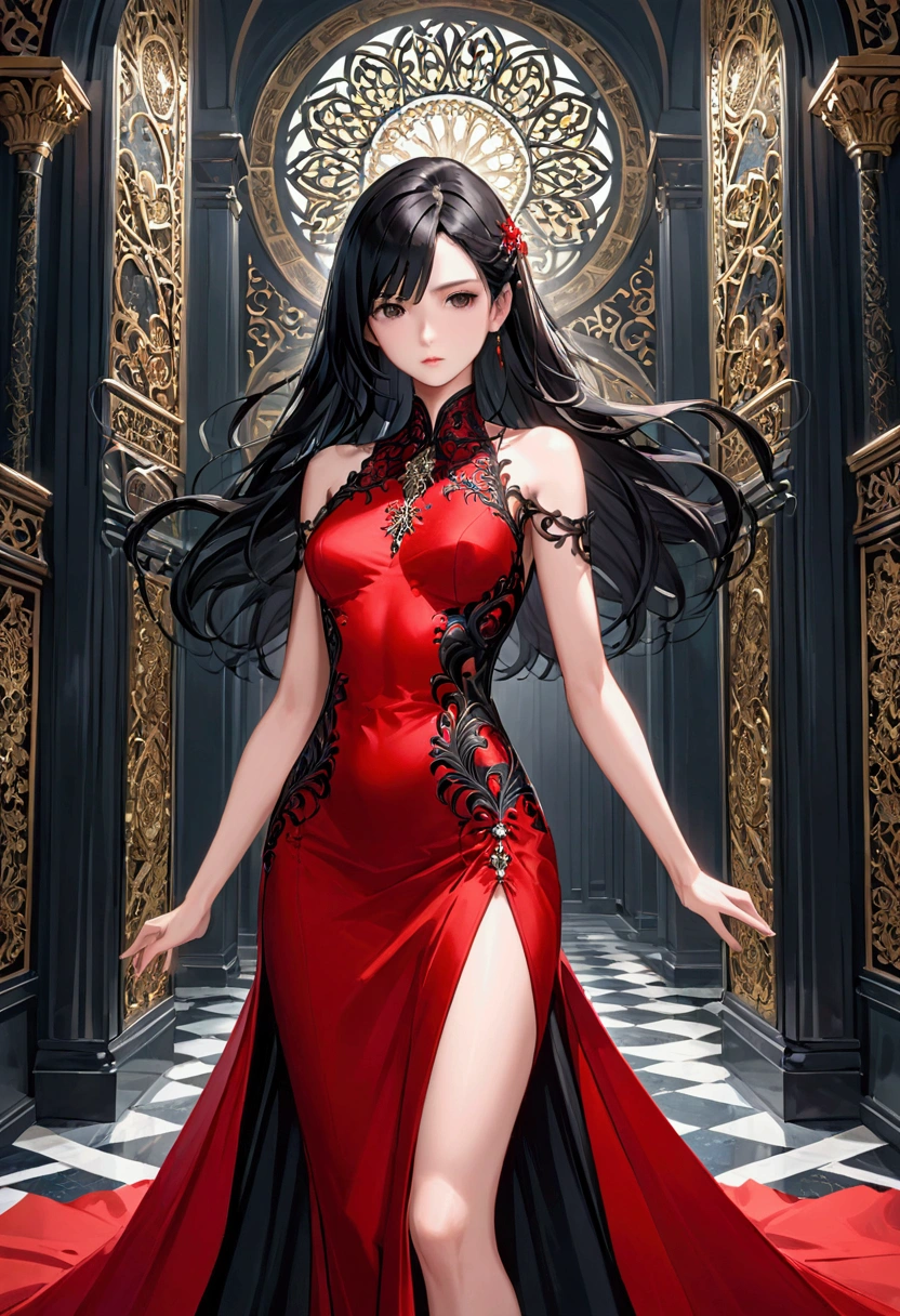 Girl with darkest black hair, darkest black eyes,tall rectangular body figure, mature, red elagant dress