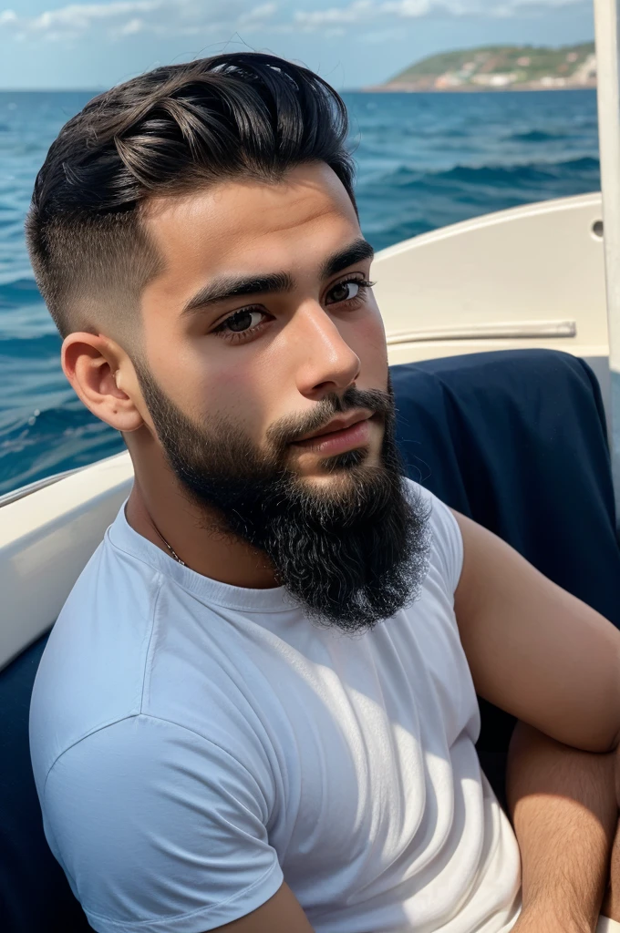 Young 21 boy with light beard black eyes sit in side od sea
