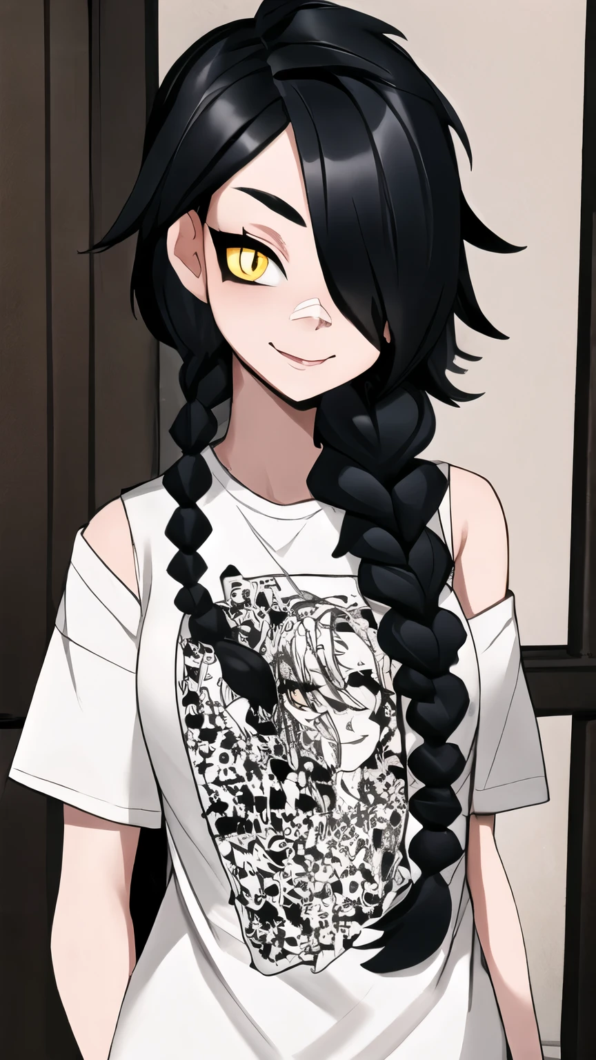 1girl, solo, ultra long hair, looking at viewer, black hair, bandaid on face, yellow eyes, smile, bandaid on nose, braid, bandaid, ultra detailed face, masterpiece, bangs, breasts, fang, bare shoulders, scar, teeth, shirt, bare shoulders, white shirt, short sleeves, closed mouth, t-shirt, hair over one eye, portrait, bag, hair over shoulder, shorts, fullbody shot, cute, messy hair