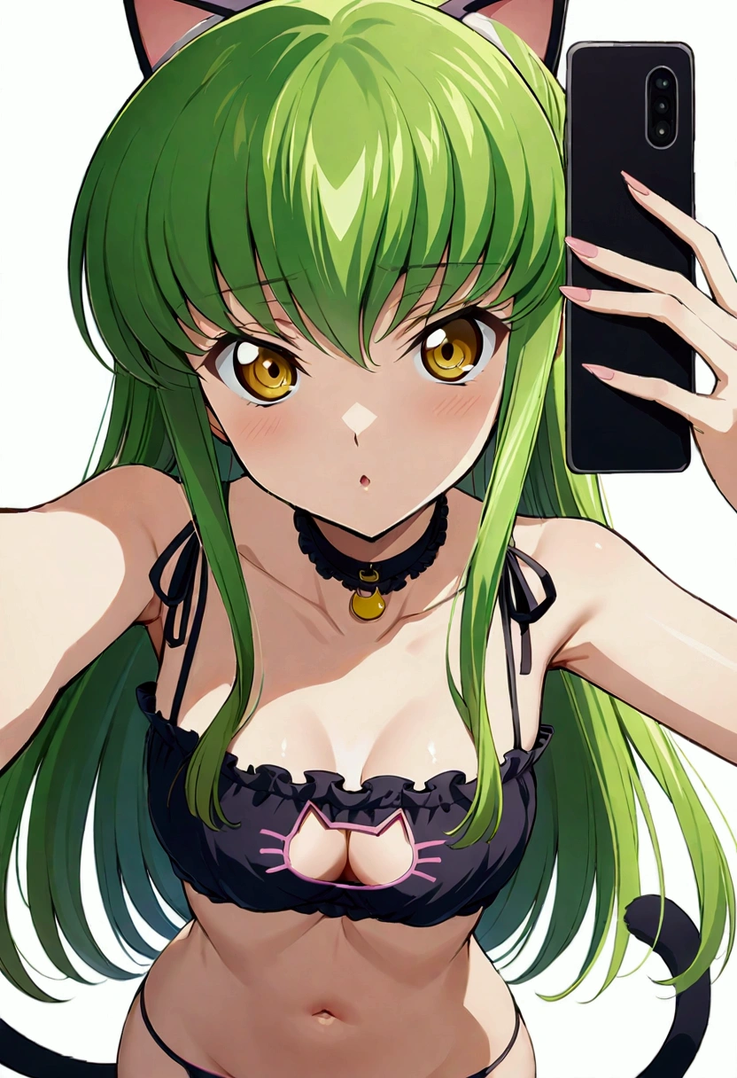 score_9, score_8_up, score_7_up,best quality,masterpiece,aesthetic,very aesthetic,anime style ,1girl, c.c., code geass,green hair, long hair,medium breasts:1.2, yellow eyes,(cat lingerie:1.3) ,cat cutout,cat lingerie bottom,navel,upperbody,from front,,straight-on,selfie,  simplebackground,(whitebackground)