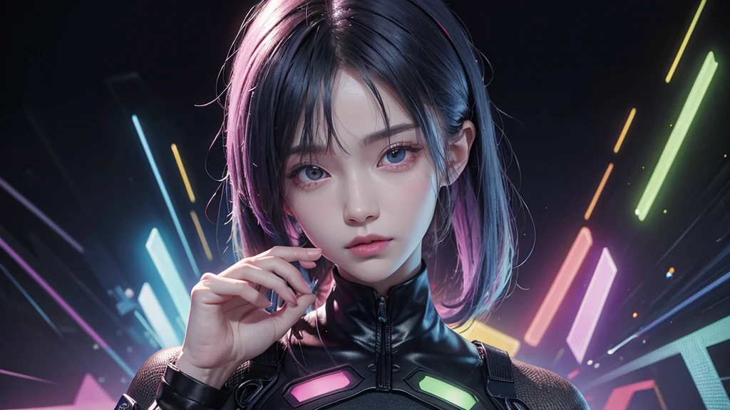 (best quality, sketch:1.2),realistic,illustrator,anime,1 girl, detailed lips,custom, gradient background,neon hair,textured cropping, masterpiece, anime, a woman standing looking at future