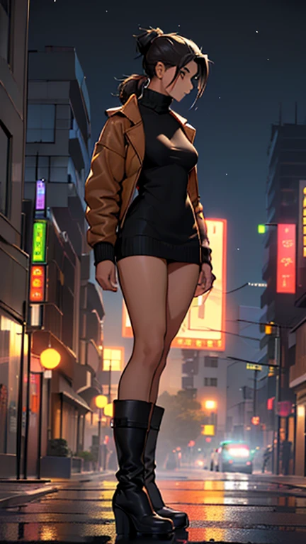 (detailed), (((normal girl))), (Arabic characteristics), ((brown sheepskin jacket)), ((pelo negro rizado ponytail hairstyle)), ((ponytail hairstyle)), (calm face), ((by the width)), ((black high boots)), (((whole body))), ((in the middle of the city leaning on a building), ((woman)), (black turtleneck sweater), ((only one person)), (at night), ((looking at the cell phone))
