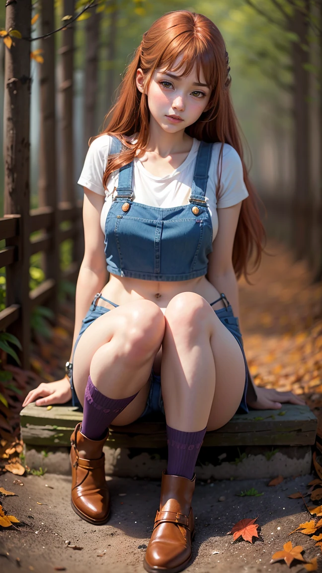 1 girl,cute,,Long reddish-brown hair,full body,The eyes are pronounced purple.,perfect face,Denim shorts with suspenders,High definition images,Brown camal leather shoes,Striped socks,blurred background,maple leaf background,white balance