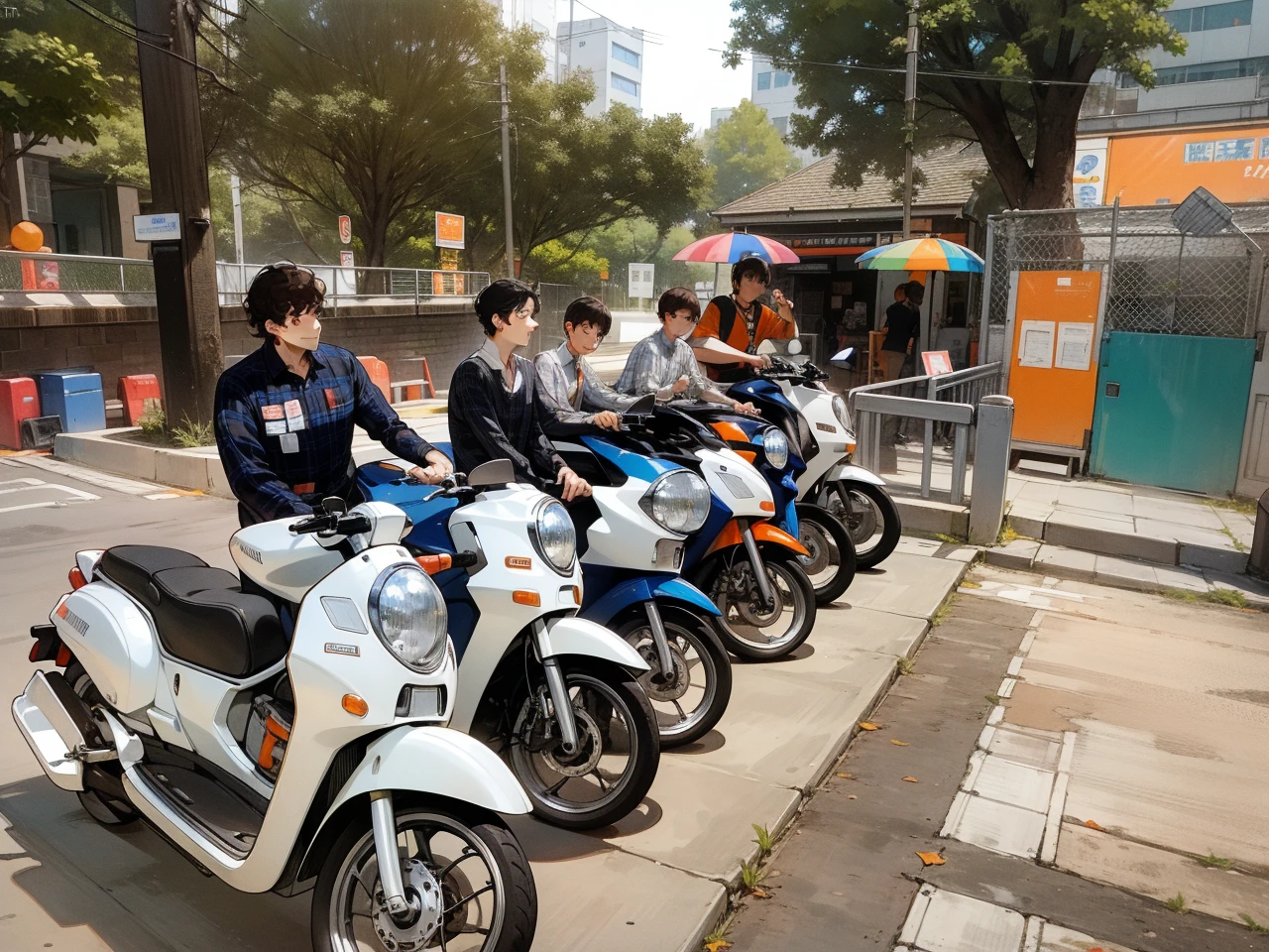 3 men, Black hair, Shirt, Blue Check Shirt, Short hair, Big lips, Man in white and light gray checked shirt, Man in blue checked shirt and earrings, simple earrings, Brown hair with perm Short man, Orange Plaid Shirt, Belt bag, Smile, shapely fingers、young、Slender、3some