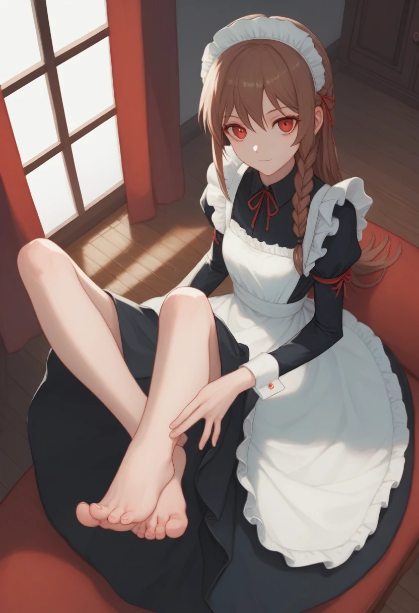 (score_9,score_8_above,score_7_above,),1 girl, Suzune Horikita /(auladeelite)/, Red eyes, black fur, long open hair, hits, braid skinny body,Alone,maid,maid headdress,looking at the viewer,apron,Brown hair,inside,black fur,bare foot,Foot focus,two feet,
