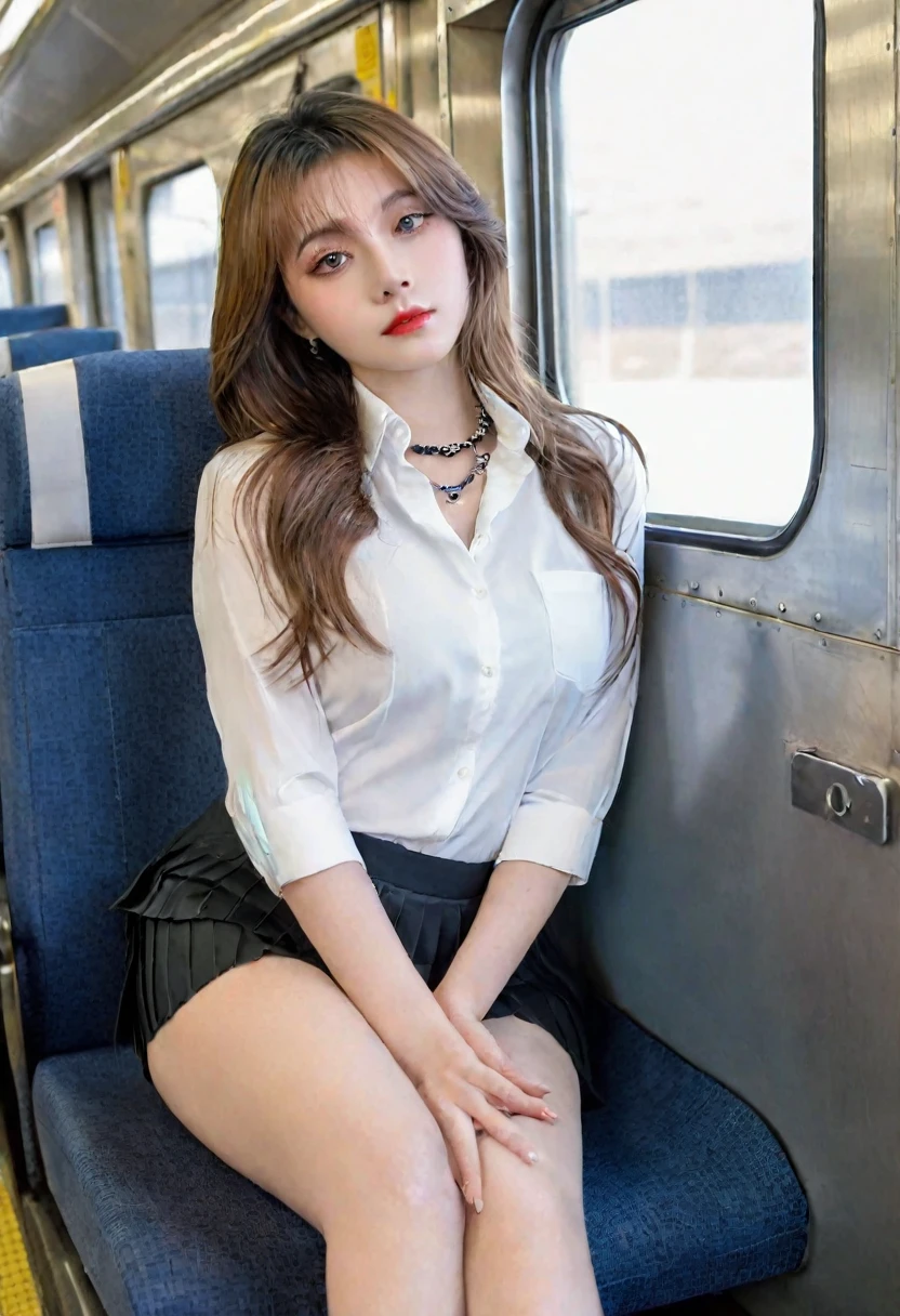 masterpiece,Highest quality, (One Woman),(sit in a train seat:1.5), (Shooting from the air:1.5), (Photo taken from the opposite chair:1.5), (Sit with your knees facing forward:1.5), (Surprised expression:1.6), (Beautiful woman:1.5), (Sit with your knees together:1.5), (Wavy brown hair:1.3), (green seat), (Voluptuous body:1.5), (One big woman), (White blouse:1.4), (Black pencil skirt:1.4), (High heels:1.7), (Panties that are only slightly visible:1.7), (View Photographer), ((Perfect hands and fingers)), (Looking into the camera:1.6), (A seductive gaze:1.5), Big eyes, elegant temperament, Highest quality, Down to the last detail, Perfect Face, 赤いlipstick, Perfect body, Large Model, Mature Woman, expensive, Leg length, Long eyelashes, 深色eye shadow, Her face is heavily made up, cosmetics, (lipstick: 1.1), (eyeliner: 1.2), mascara, eye shadow, necklace, compensate, Elegant black shirt, Obscene, erotic, Touch your chest, ((View your viewers)), ((Temptation performance)), Clean and nice face,