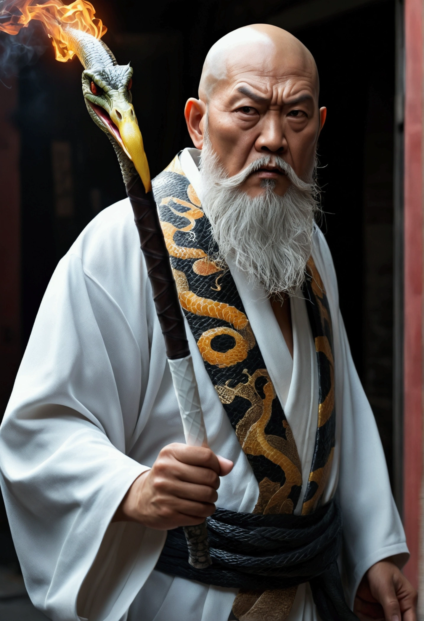 (Highest quality,4K,8k,High resolution,masterpiece:1.2),Very detailed,(Realistic,photoRealistic,photo-Realistic:1.37),anime,Skinhead,Short white beard,Middle-aged Asian man,Angry face,Wizard Robe,black eye,Carrying a walking stick,A large snake is wrapped around the walking stick,Electric current from the serpent's mouth,Grainy cityscape,Dark Alley,Mysterious Shadow,Spectacular Background,Smoke effect,Vibrant colors,Concept Artist,Moody lighting,superpower