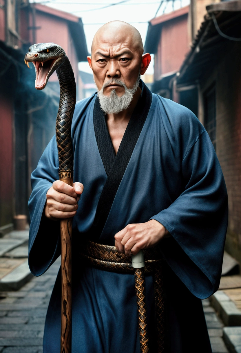(Highest quality,4K,8k,High resolution,masterpiece:1.2),Very detailed,(Realistic,photoRealistic,photo-Realistic:1.37),anime,Skinhead,Short white beard,Middle-aged Asian man,Angry face,Wizard Robe,black eye,Carrying a walking stick,A large snake is wrapped around the walking stick,Electric current from the serpent's mouth,Grainy cityscape,Dark Alley,Mysterious Shadow,Spectacular Background,Smoke effect,Vibrant colors,Concept Artist,Moody lighting,superpower