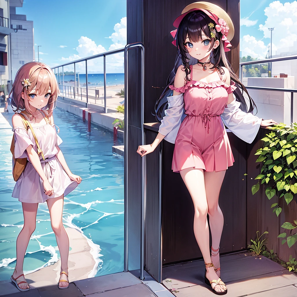 Beautiful anime girl, young, summer vacation lookbook