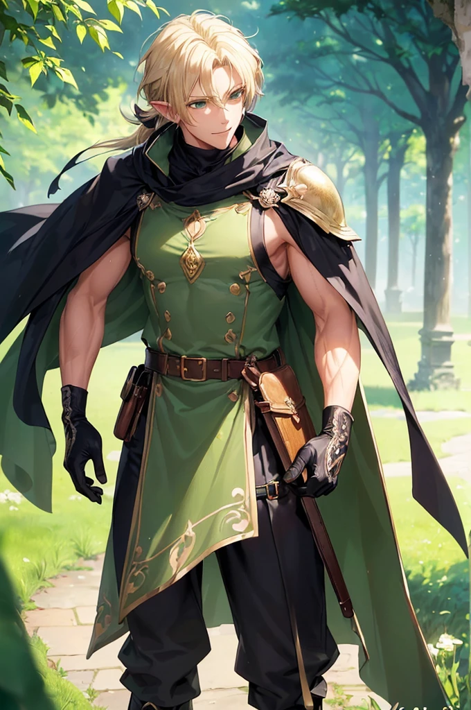 (((masterpiece; best quality: 1.2))), (finely detailed eyes: 1.3), (25 year old elf man), (solo), (green eyes: 1.4), (body; toned, fit, masculine: 1.3), (silky blonde hair in low ponytail: 1.3), (beautiful and clear background: 1.2), ((depth of field)), (equipment: adventurer garb + modest + elegant slim fedora + dark overcoat + dark long cape + black pants + gloves + belt + pouches: 1.3), (anime illustration: 1.2), (background composition; royal garden: 1.1), (extremely fine and handsome: 1.1), (shot composition; standing + centered on torso + close-up: 1.5), (expression; calm, smile: 1.2)