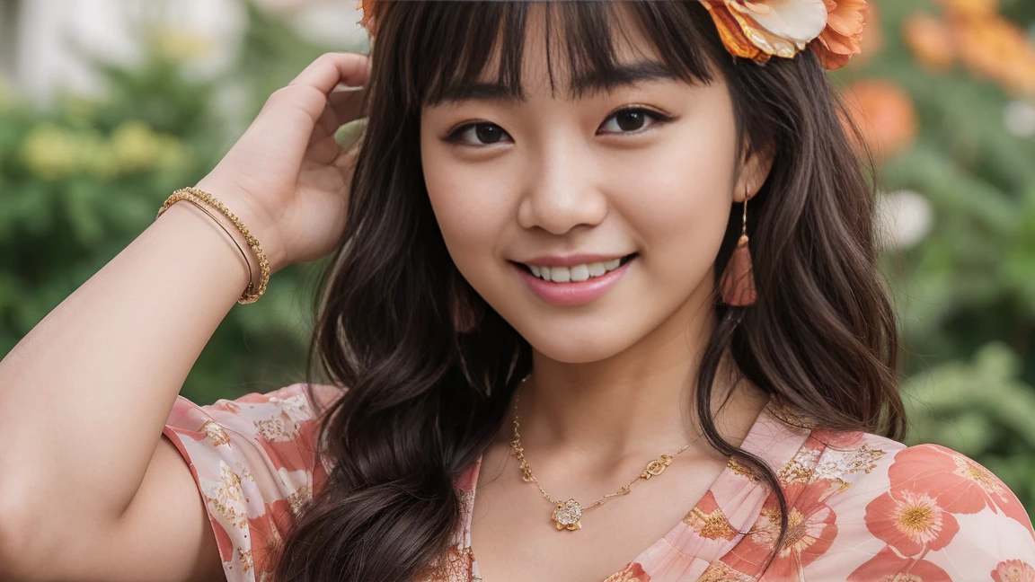 Half-body attractive portrait, Nikon D850, 1 1 1.6 Lenses, 200mm, Digital SLR, 22 megapixels, (((Villa garden view))), Shot of a beautiful 19-year-old Korean girl, (smile:1.4), (Wearing a long blush red floral dress:1.6), ((Seductive pose)), Hot Girls, (((large natural breasts))), (((Black Fringe Hair))), (Little Girl), Symmetrical face, Realistic, photograph, (Bright natural light), nice, Deep valley, (masterpiece), Highest quality, High resolution, Very detailed, Cinema Lighting, (((Very small waist))), Rich colors, Ultra-realistic, Realistic texture, ((jewelry)), (((She has beautiful hands、Wearing a ring))), (bracelet), (necklace), (Ankle Chain), (Manicure) (Earrings), Fuji Superia 200, 8k
