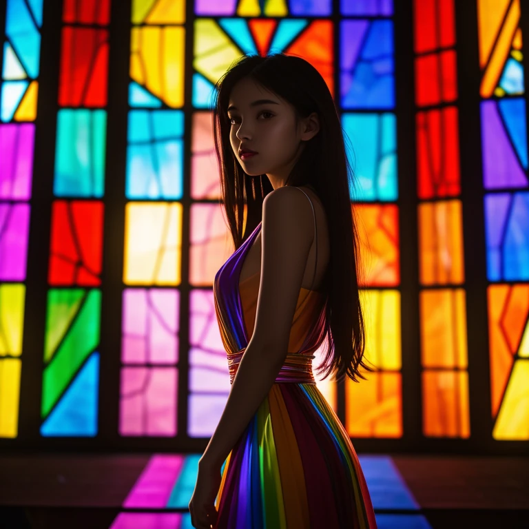 highest quality, 8K resolution, masterpiece, Professional photography, 19yo Beautiful woman, The background is colorful stained glass, Enchanting atmosphere, Rainbow Glass