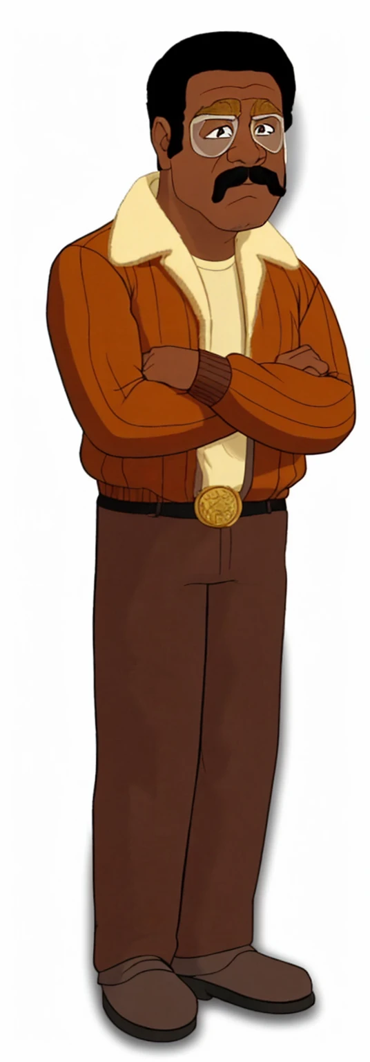 has short, tightly curled hair styled in a rounded shape on top of his head. Looks like Apollo creed from rocky 