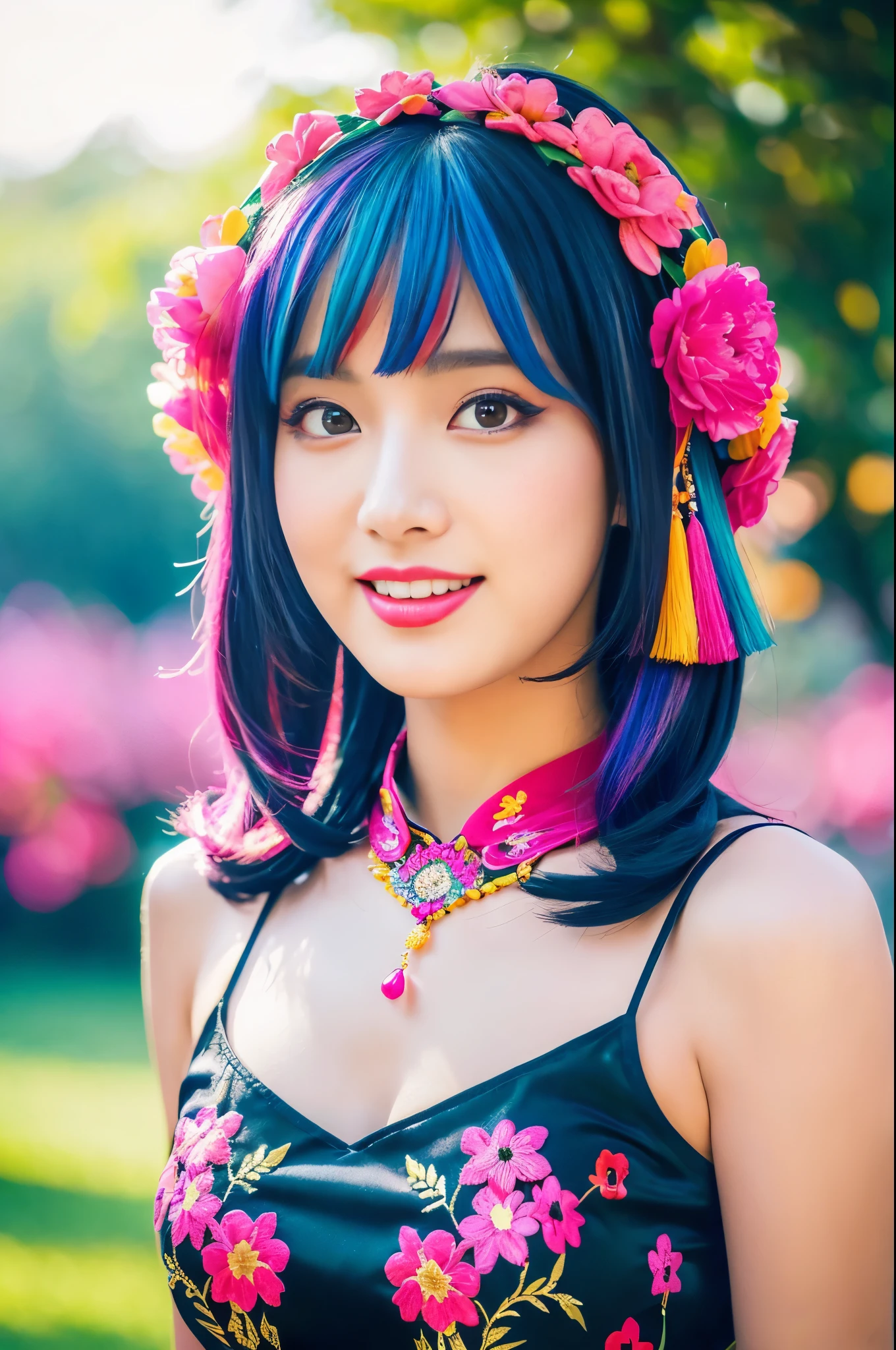 (masterpiece:1.4), (best quality:1.4), ultra high res, ultra high resolution, ((detailed facial features)), HDR, (realistic, photorealistic, photo-realistic:1.37), full body Esbian, sexy Vietnamese model, (-anime), only 1 model, vivid colors, ((vivid colors multicolor (fuchsia, pink, light blue, purple) very short hair)), (beautiful smile), lip-gloss, long lashes, defined eyebrows, wearing large sparkling colorful jewelery, wearing a red silk Paradise Kiss cosplay dress with black floral embroidery, ((vivid colors outfit)), vivid colors, look at the camera, cinematic light, large park background with trees, sweet and sexy pose
