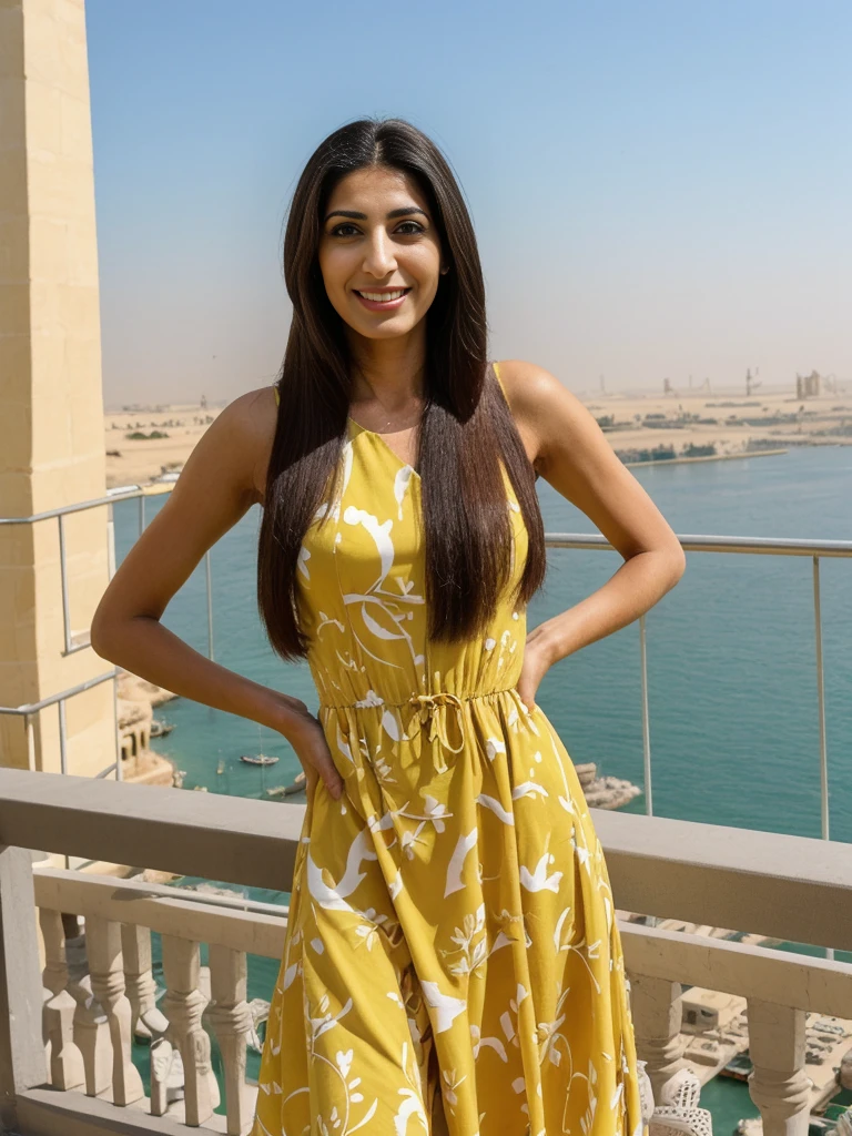 Rania, 1girl, solo, ((Egyptian woman)), consistent face and body, ((MILF)), ((30 years old)), (mature), ((slim)), ((Egyptian face)), (Egyptian nose), (Egyptian lips), ((long straight hair)), upper body and upper legs, (background: overlooking Burj Al Arab), BREAK, (wearing yellow printed spring dress), smirking, teasing
