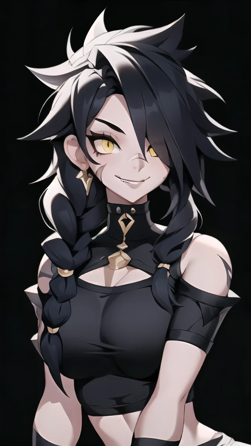 1girl, solo, ultra long hair, looking at viewer, black hair, bandaid on face, yellow eyes, smile, bandaid on nose, braid, bandaid, ultra detailed face, masterpiece, bangs, breasts, fang, bare shoulders, scar, teeth, shirt, bare shoulders, white shirt, short sleeves, closed mouth, t-shirt, hair over one eye, portrait, bag, hair over shoulder, shorts, fullbody shot, cute, messy hair