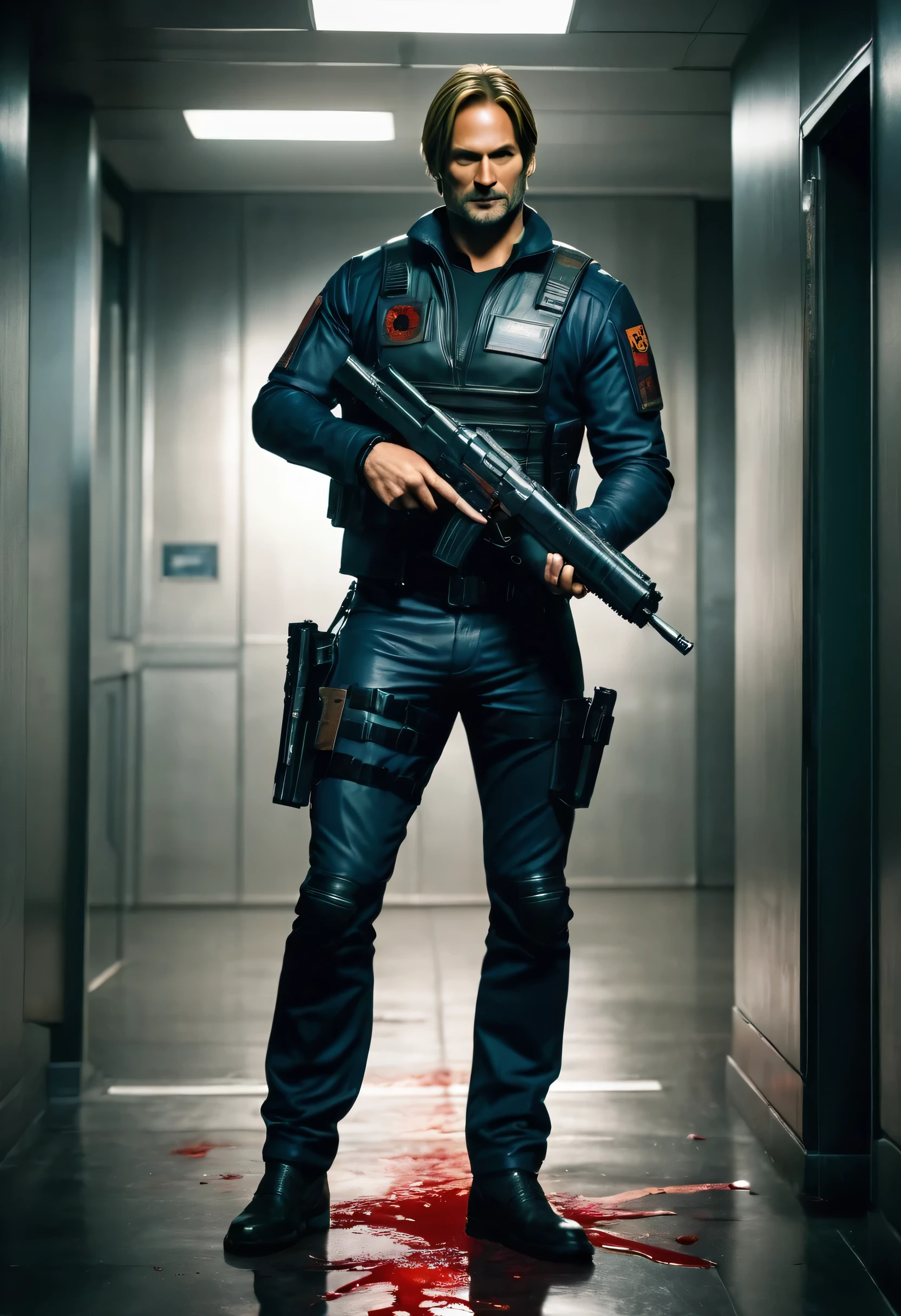 faithful image of actor Josh Holloway dressed in costume "Leon kennedy" from the game "Resident Evil 2 remake", He has a gun in his hand and points it forward, serious face, detailled image, he is inside a closed private room with ultra futuristic LED light, has a logo "umbrella" on the wall, there is an Umbrella corporation logo behind it, his face is covered in blood, he holds a pistol with both hands, , he&#39;s shooting a zombie, high resolution