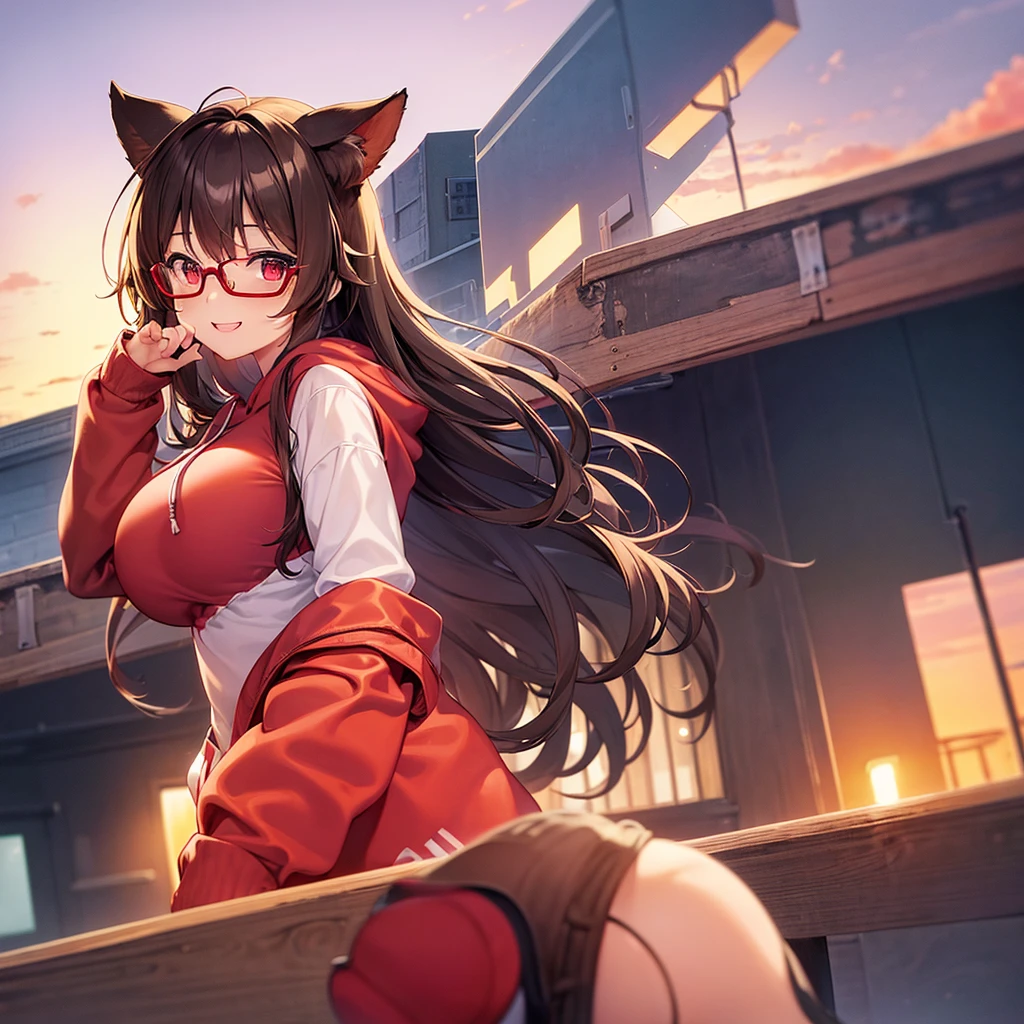 A girl who is kind to otakus, Light brown short hair with outward curls, Big Breasts, Mischievous Smile, Red Eyes, Animal Ears, Red Glasses, Winter season, A black inner shirt that shows off your body lines, Black and red outer jacket, Black Skirt, Black knee-high socks, Free Pose, Under the sunset sky