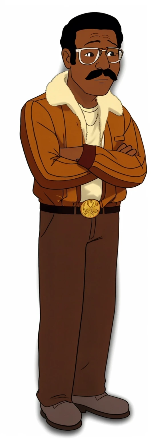 has short, tightly curled hair styled in a rounded shape on top of his head. Looks like Apollo creed from rocky