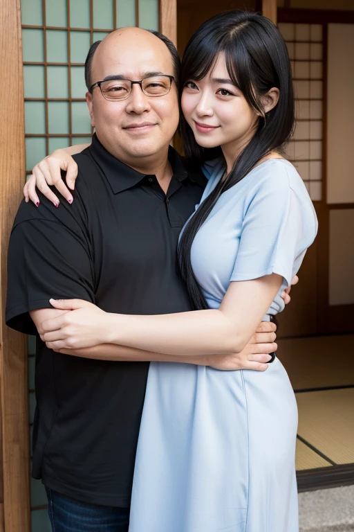 woman Japanese style Beauty Displeased expression Black Hair Tight dress She is hugging a middle-aged, balding, chubby man.