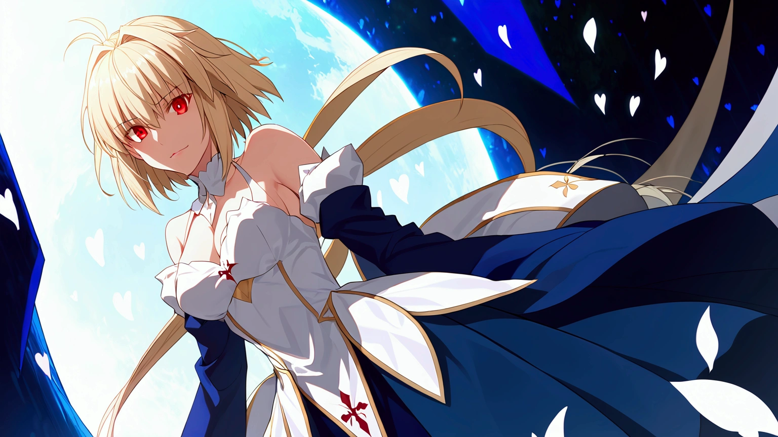 1girl, solo, arcueid brunestud, red eyes, blonde hair, solo, breasts, evil smile, arcueid, blood,