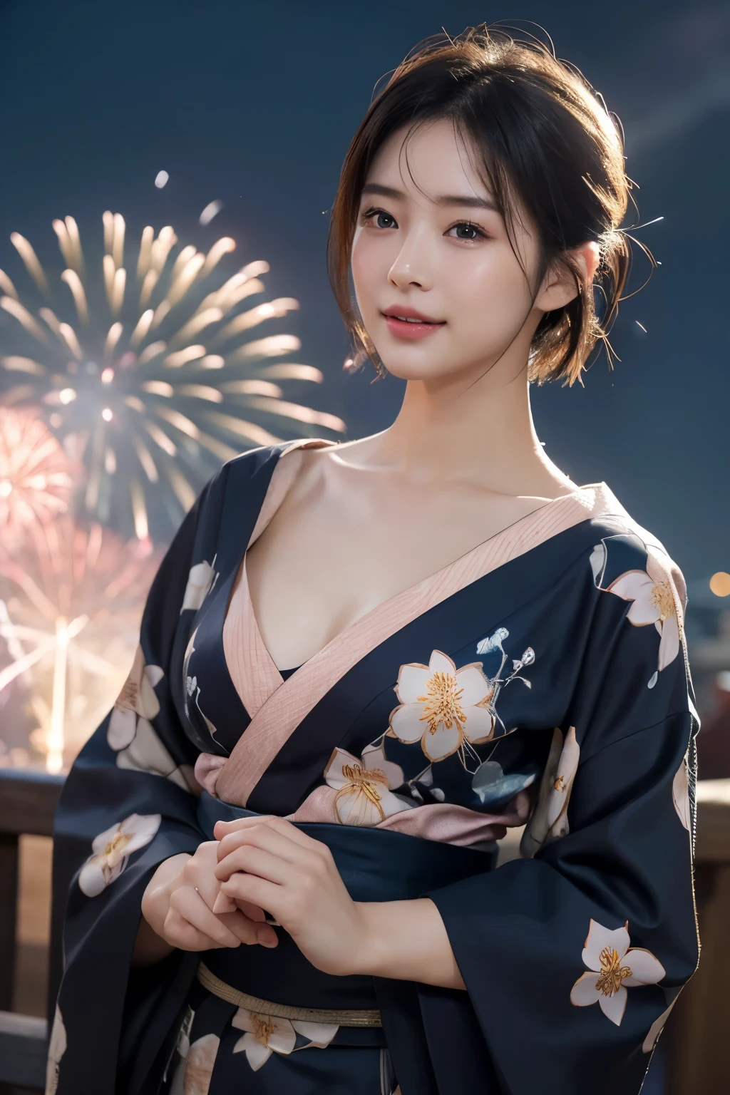 (8k、RAW Photosgraphy、Highest quality、masterpiece:1.2)、(Realistic、Realistic:1.37)、Ultra-high resolution、One Girl、cute、alone、night、Sitting、date、(Nose redness)、(Laughter:1.1)、(Closed)、Huge 、Beautiful Eyes、(short hair:1.2)、(((Fireworks bursting into the sky、night)))、(((kimono、yukata)))、Cleavage、Perfect body、Perfect Fingers、Professional Lighting、Japanese Goddess、gravure、Detailed face and skin texture、fine grain、RAW Photos