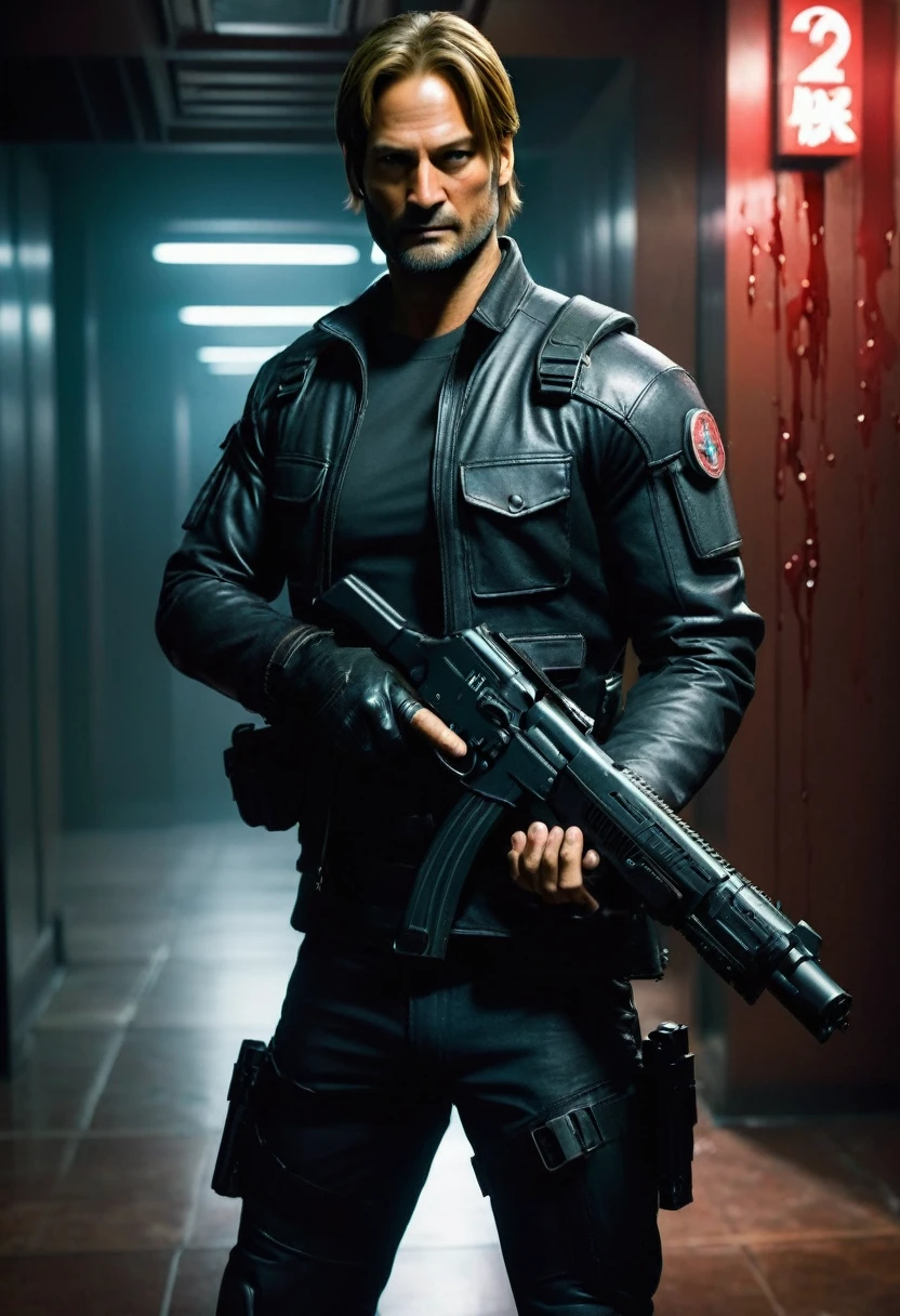 faithful image of actor Josh Holloway dressed in costume "Leon kennedy" from the game "Resident Evil 2 remake", He has a gun in his hand and points it forward, serious face, smooth and realistic face, detailled image, he is inside a closed private room with ultra futuristic LED light, has a logo "umbrella" on the wall, there is an Umbrella corporation logo behind it, his face is covered in blood, he holds a pistol with both hands, , he&#39;s shooting a zombie, high resolution