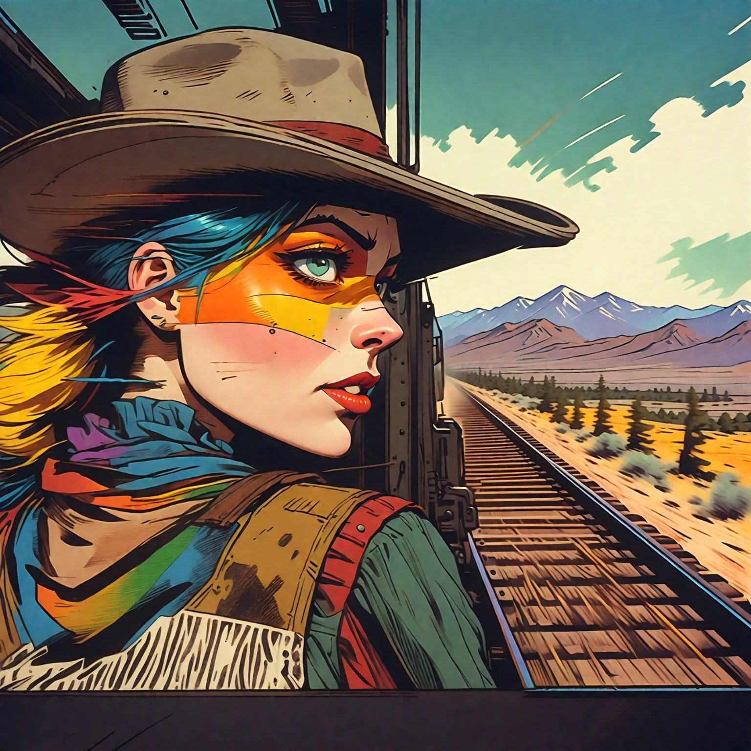 Tank Girl, riding the rear brakeman's end of the caboose, outfit distinct homage to cobow western, (jamie hewlett style reference), upclose zoom, portrait, candid, close-up of face, hand drawn, cartoon, animated, 1990's comic, (full roygbiv color) ink charcoal expressive illustration, sense of movement and energy as the train rides through the sierra ranges, background the western plains in the distance, no light source, darkness, light mask uv rays across face, absurd, with rich color grading, cel shading, warm and unified colors, rotoscope, animated, VHS, glitch, distorted, nostalgia, 90's retro vibe, hyper maximal, strange, hyperrealistic, rotoscope expressive ink bold line hand drawn, in a cinematic style, analog tape, vcr aesthetics, tv, television, hand drawn, minimal, precise,