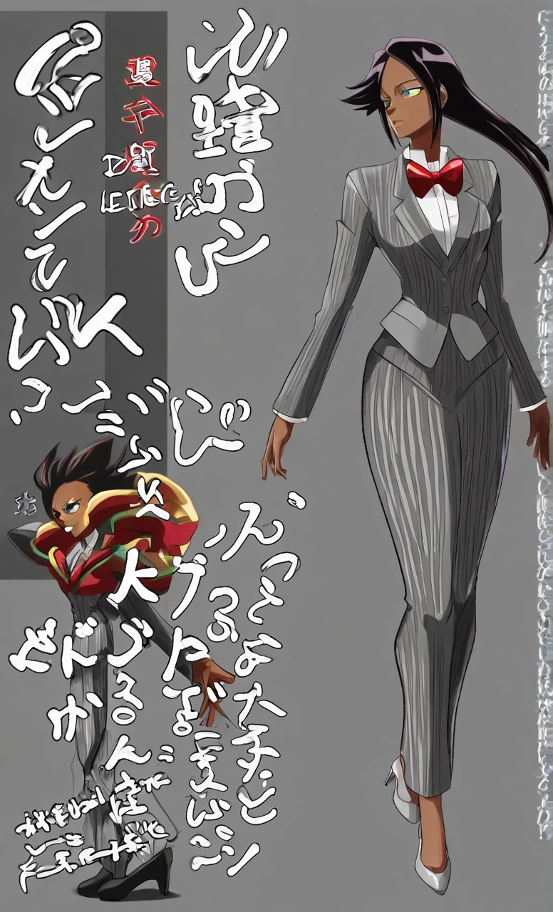 90s anime grown tall skinny black skinned female business woman in a grey pinstripe skirt suit wearing grey heels with cornrow hair full body
Pinstripe blaze and pinstripe skirt and red bow
