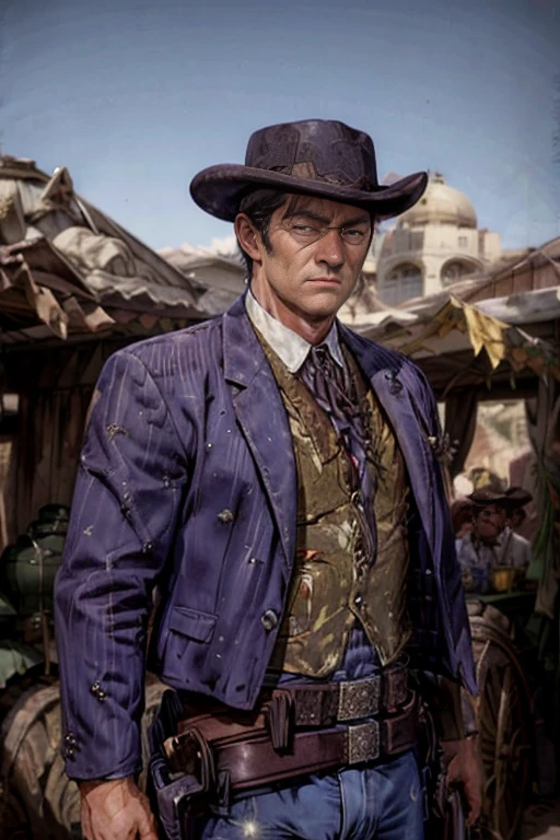 Portrait of a young John Wayne as a cowboy. Red Dead Redemption, Detailed portrait, chiseled features, piercing blue eyes, rugged good looks, weathered skin, cowboy hat, western outfit, gun holster, desert landscape, golden hour lighting, cinematic composition, dramatic shadows, muted colors, gritty realism, classic Hollywood style, children's illustration style.