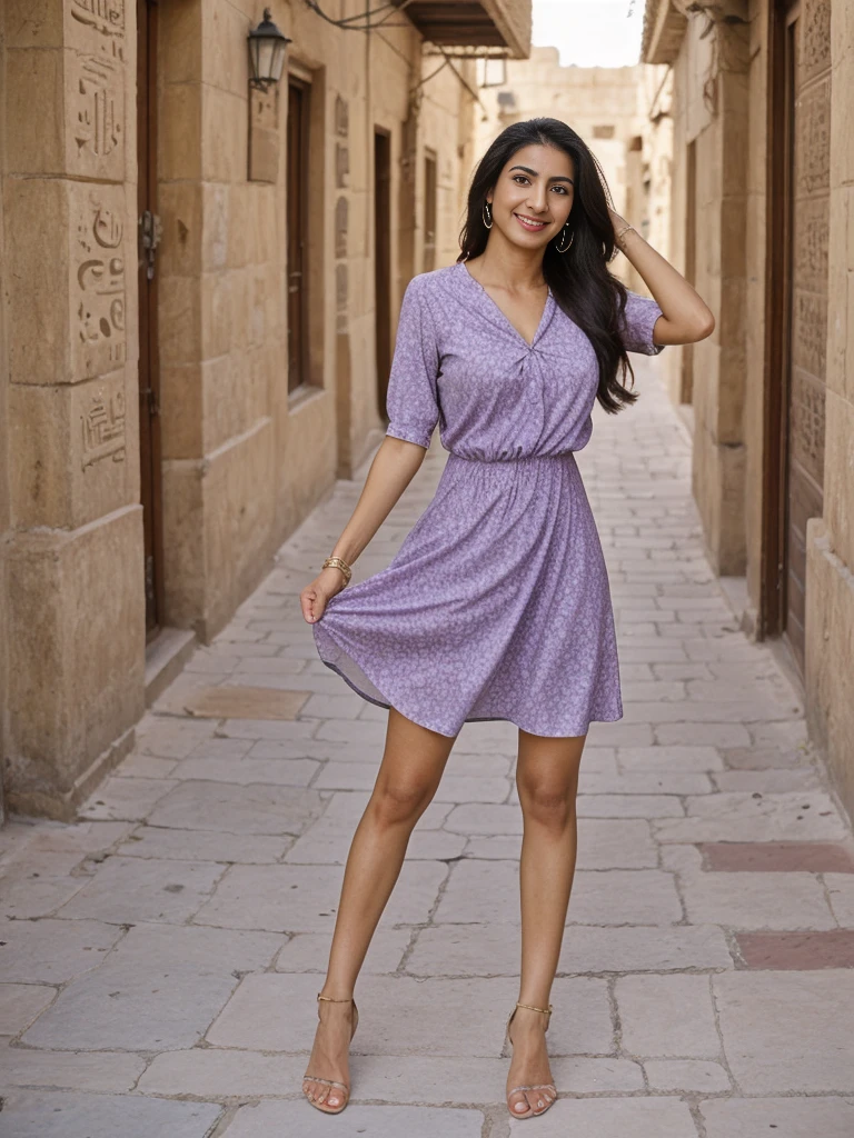 Rania, 1girl, solo, ((Egyptian woman)), consistent face and body, ((MILF)), ((30 years old)), (mature), ((slim)), ((Egyptian face)), (Egyptian nose), (Egyptian lips), long straight hair, upper body and upper legs, (background: overlooking Al Fahidi Historic District (Al Bastakiya)), BREAK, (wearing light-purple printed spring dress), smirking, teasing