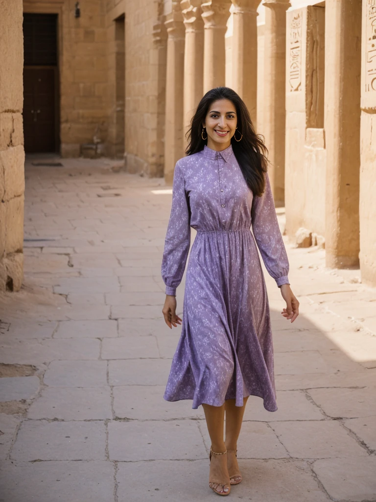 Rania, 1girl, solo, ((Egyptian woman)), consistent face and body, ((MILF)), ((30 years old)), (mature), ((slim)), ((Egyptian face)), (Egyptian nose), (Egyptian lips), long straight hair, upper body and upper legs, (background: overlooking Al Fahidi Historic District (Al Bastakiya)), BREAK, (wearing light-purple printed spring dress), smirking, teasing