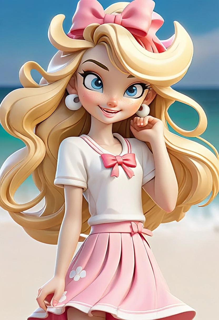 A character with the characteristics: long blonde hair white skin blue eyes a little white bow on her head with a pink top a pink beach skirt and a white bag a white sandal with a very happy face