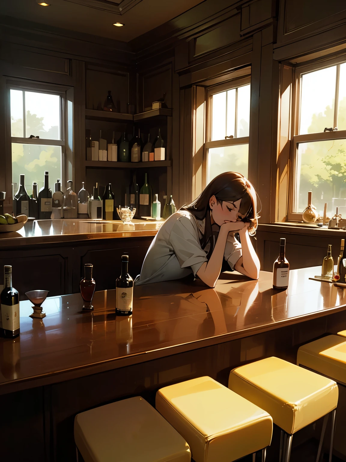 A drunk lady who has had too much alcohol, many empty wine glasses, many liquor bottles, a counter bar, a morning window, sunlight, an empty image,