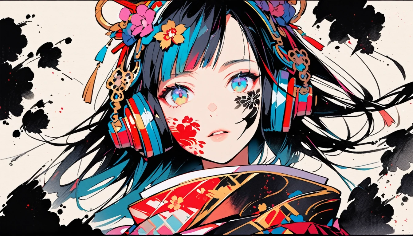(((Ink Painting))), ((Japanese style headphones)), (((Japanese pattern tattoo on face))), Face close-up, gorgeous hair accessory, Japanese, Bright colors