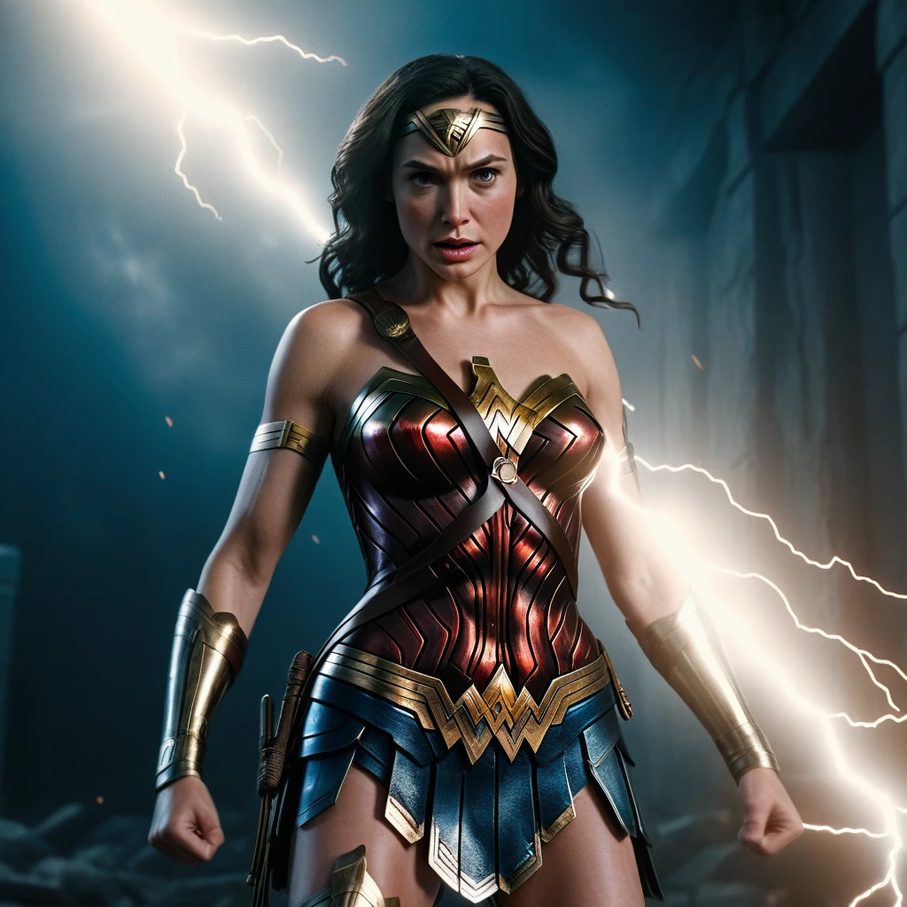 Scene from movie, Wonder Woman from DC close-up, Distorted space, Distorted undead in the background, Lens reflections, light shafts, Intricate detailing, high-detailed, volumetric lightning, 4K-Rendering, Stock photo, hyper-realistic, realistic textures, dramatic lighing, unreal engine