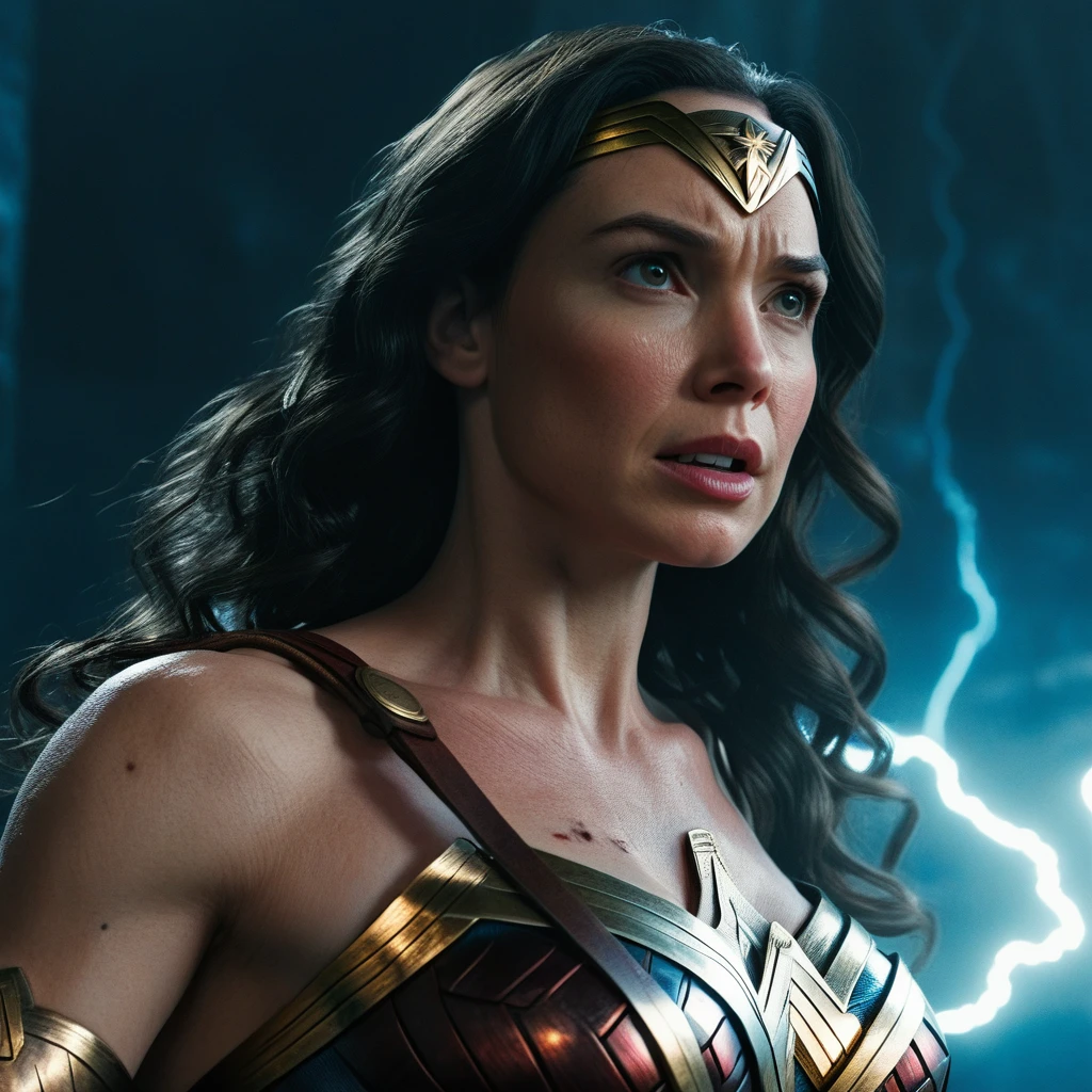 Scene from movie, Wonder Woman from DC close-up, Distorted space, Distorted undead in the background, Lens reflections, light shafts, Intricate detailing, high-detailed, volumetric lightning, 4K-Rendering, Stock photo, hyper-realistic, realistic textures, dramatic lighing, unreal engine