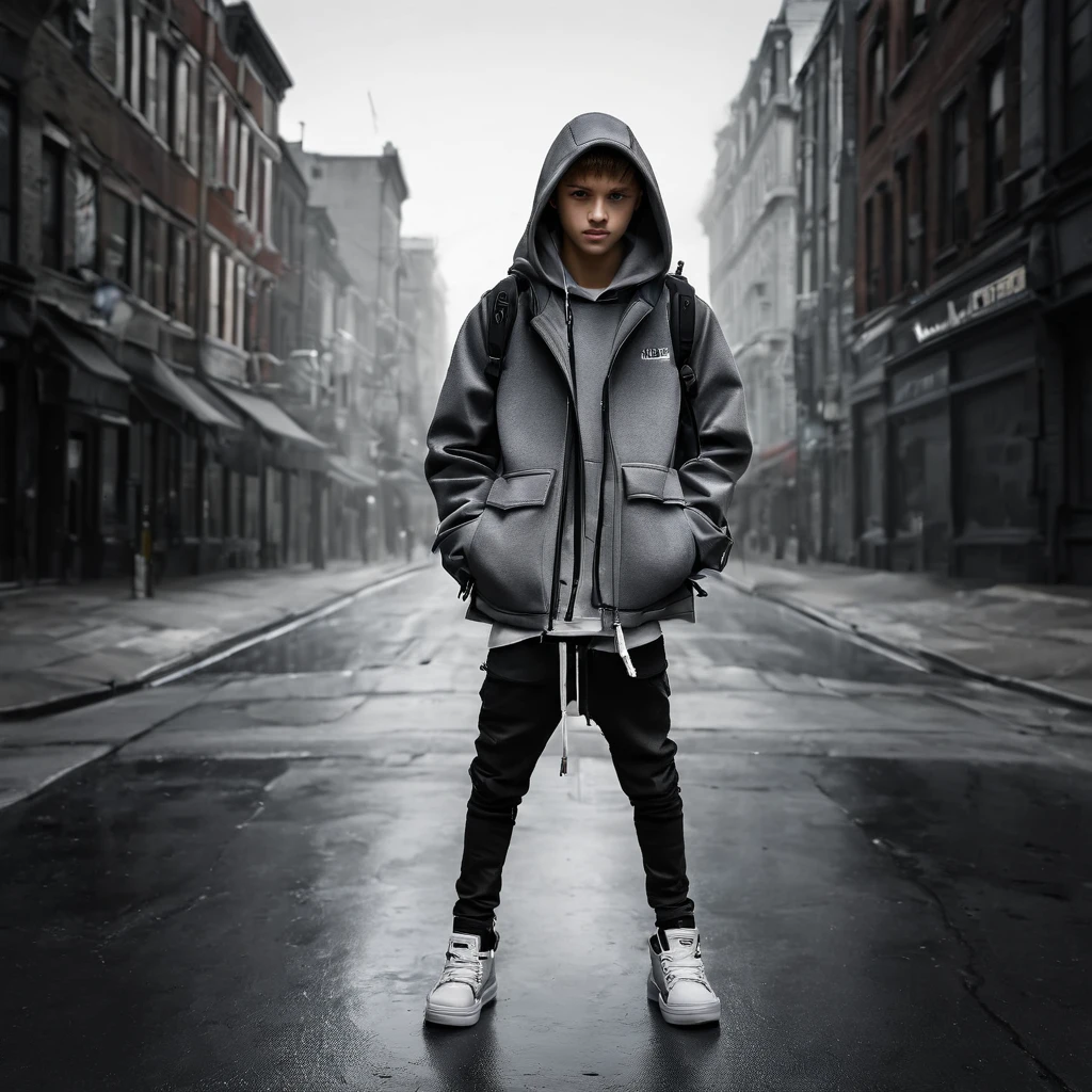 (masterpiece, best quality:1.2), 1boy, backpack, full body, grey city street background, hood, hooded jacket, jacket, solo, standing