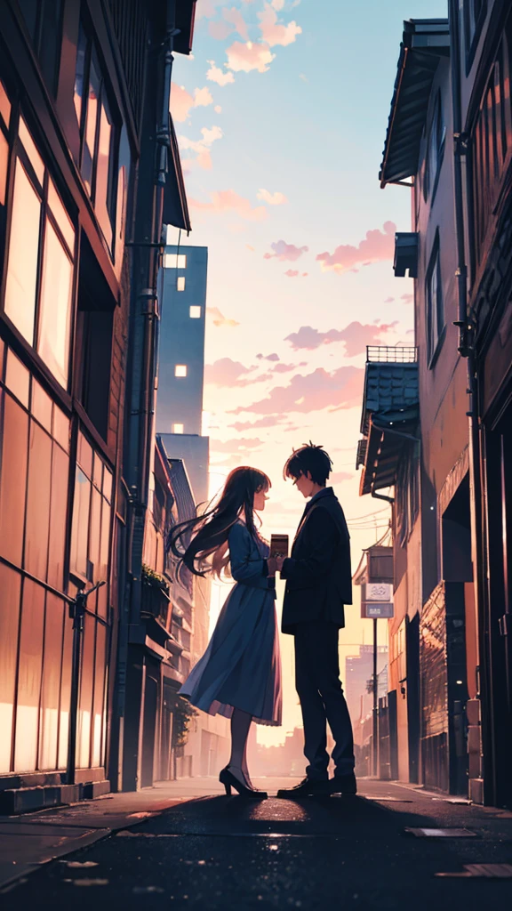 「Sunset cityscape in the background、Facing Couple。A silhouette emerges、Romantic atmosphere。The sky is a deep shade of blue and orange、The lights of the buildings are flickering。」